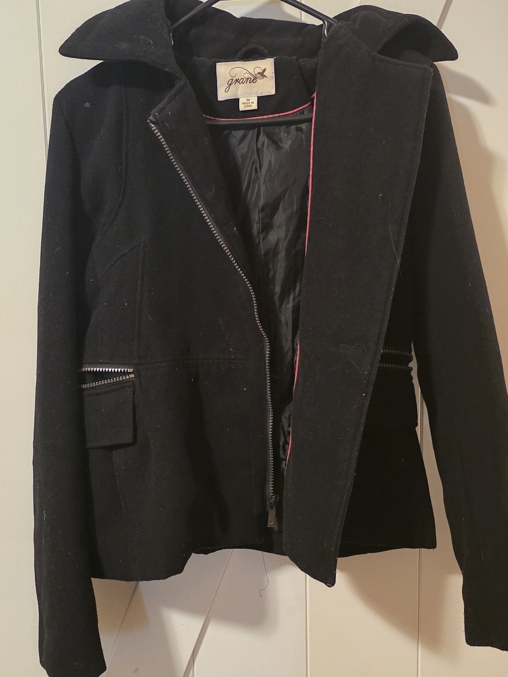 Grane Black Zip-Front Wool-Blend Moto Jacket